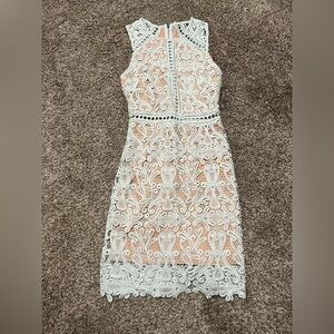 Pale Blue Lace Overlay Sheath Dress with Nude Lining